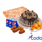 Cake de merengue + pizza familiar de jamón + 10bolitas de queso + 10 croquetas + 6refrescos
