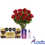 Ramo de 10 rosas rojas + estuche de bombones ferrero (16 unidades) + pomo de  perfume 100ml