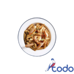 Pasta corta con salsa roja y camarones